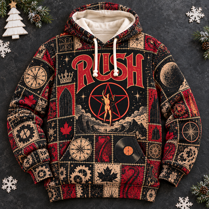 Rush Patchwork Hoodie – Vintage 2112 Starman Graphic Pullover, Retro 70s 80s Progressive Rock Sweatshirt, Classic Rock Band Hoodie