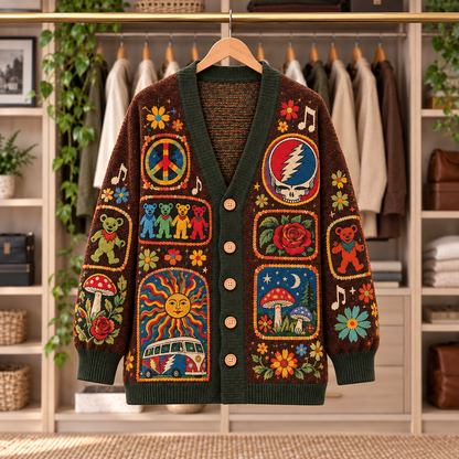 Grateful Dead Patchwork Cardigan - Casual Oversized Button Sweater, Steal Your Face Dancing Bears Psychedelic Music Fan Gift