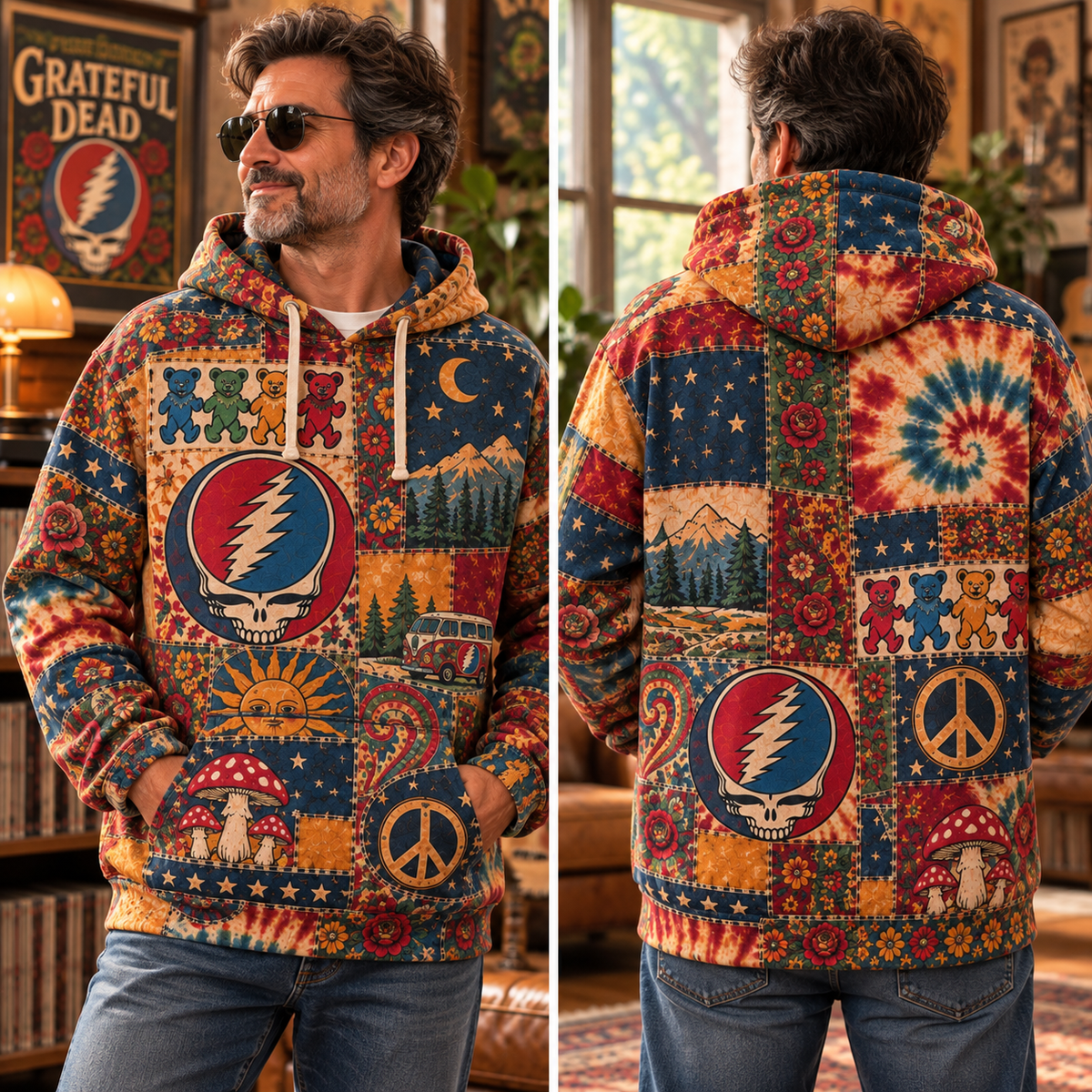 Grateful Dead Patchwork Hoodie – Vintage Steal Your Face Skull Graphic Pullover, Retro Tie Dye Hippie Hoodie, Grateful Dead Fan Gift