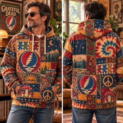 Grateful Dead Patchwork Hoodie – Vintage Steal Your Face Skull Graphic Pullover, Retro Tie Dye Hippie Hoodie, Grateful Dead Fan Gift