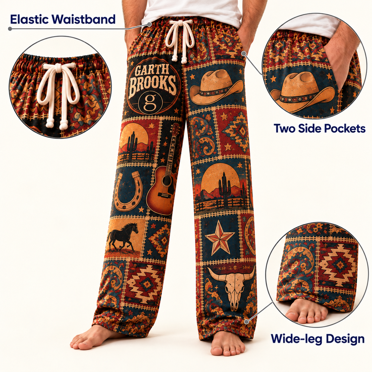 Garth Brooks Pajama Pants - Patchwork Country Music Art  Sleepwear | Comfortable Fan Lounge Pants