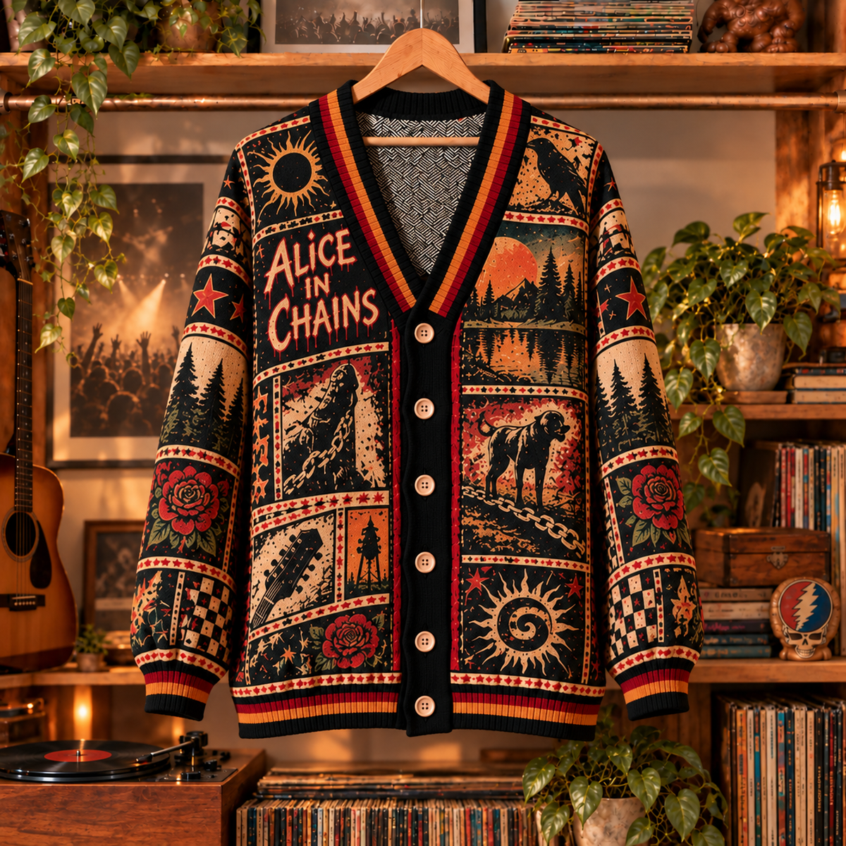 Alice in Chains Retro Graphic Cardigan - Vintage Rock Band Knit Outerwear, Alternative Music Fan Apparel & Fashion Style Gift