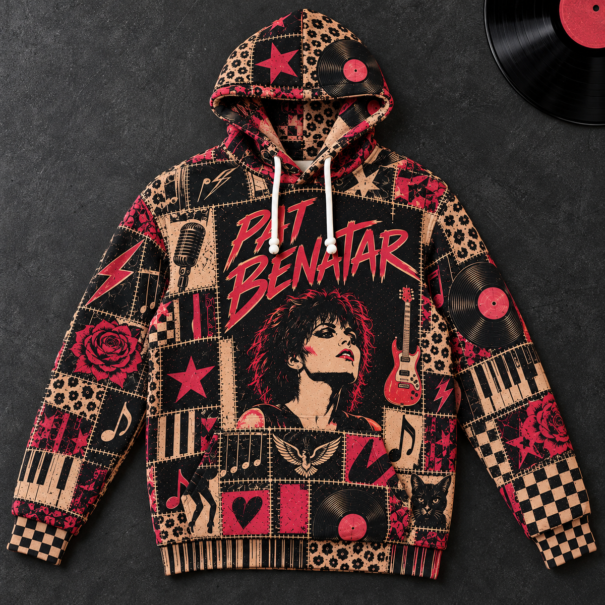 Pat Benatar Patchwork Hoodie – Vintage 80s Rock Graphic Pullover, Retro Rock Queen Sweatshirt, Soft Fleece-Lined Hoodie, Classic Rock Fan Gift, Unisex Music Hoodie