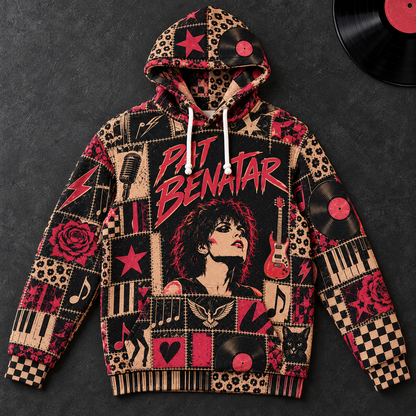 Pat Benatar Patchwork Hoodie – Vintage 80s Rock Graphic Pullover, Retro Rock Queen Sweatshirt, Soft Fleece-Lined Hoodie, Classic Rock Fan Gift, Unisex Music Hoodie
