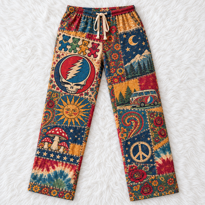 Grateful Dead Rock Band Pajama Pants - Christmas Holiday Lounge Pants, Deadhead Fan Sleepwear & Gift for Men