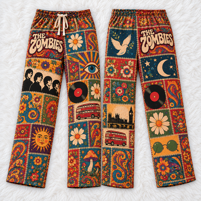 The Zombies Patchwork Pajama Pants - Vintage 60s Psychedelic Rock Art & British Invasion Lounge Pants with Elastic Waistband, Adjustable Drawstring & Two Side Pockets
