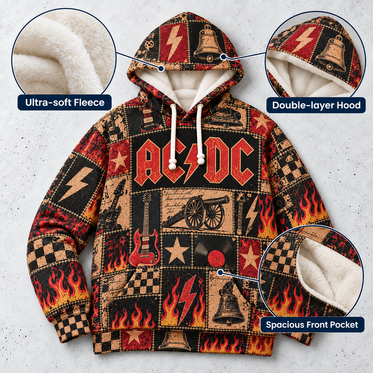 AC/DC Patchwork Hoodie – Vintage Hard Rock Band Graphic Pullover, Highway to Hell & Hells Bells Inspired Hoodie, Retro AC/DC Fan Gift