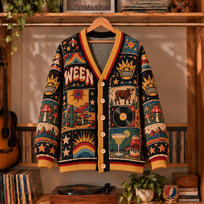 Ween Band Retro Graphic Cardigan - Vintage Alternative Rock Knit Outerwear, Indie Music Fan Apparel & Fashion Style Gift