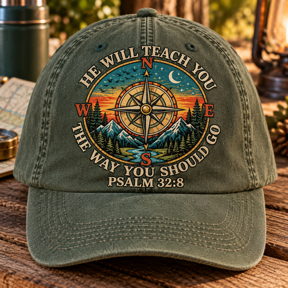 Psalm 32:8 Christian Denim Cap, He Will Teach You The Way You Should Go Cap, Faith Compass Hat, Christian Outdoor Gift, Bible Verse Baseball Cap
