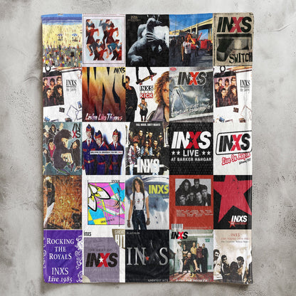 INXS Album Covers Collage Sherpa Blanket – 80s 90s Rock Band Home Decor & Michael Hutchence Fan Gift