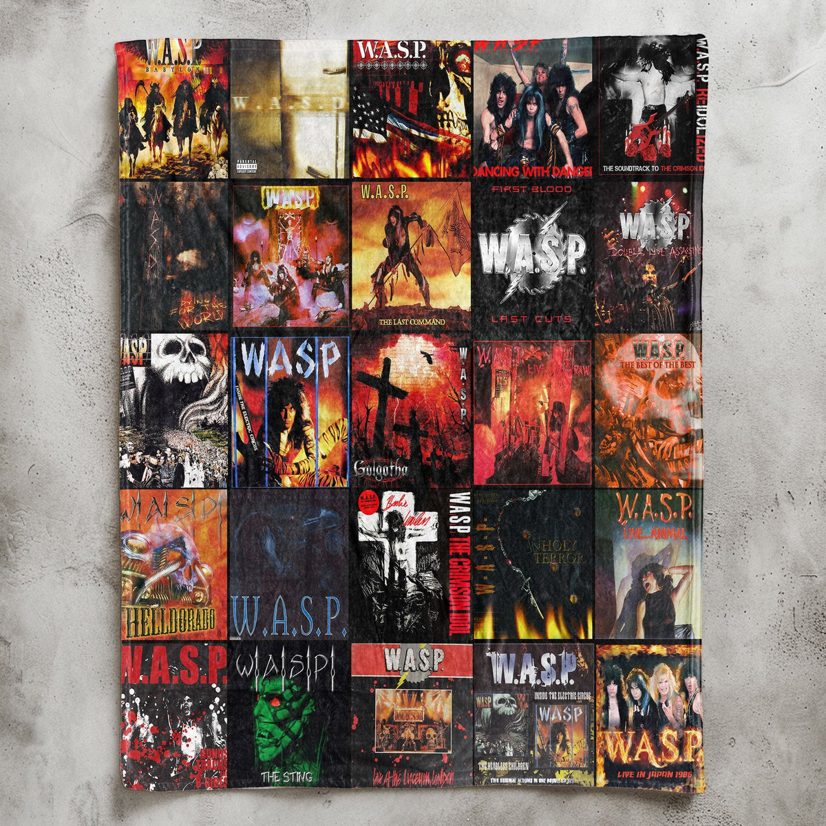 W.A.S.P. Album Covers Collage Sherpa Blanket – Shock Rock Home Decor & Blackie Lawless Fan Gift