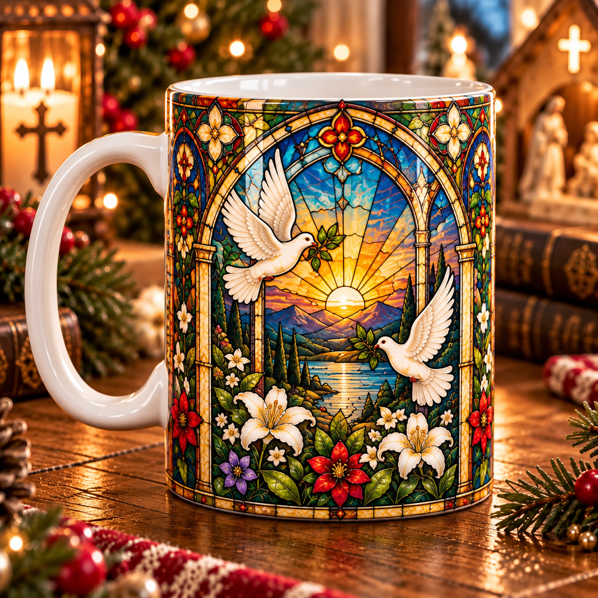 Christian Jesus Stained Glass Mug – Faith Inspired Sunrise & Floral Coffee Cup, Religious Gift for Women, Christian Home Decor
