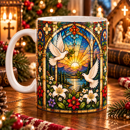 Christian Jesus Stained Glass Mug – Faith Inspired Sunrise & Floral Coffee Cup, Religious Gift for Women, Christian Home Decor