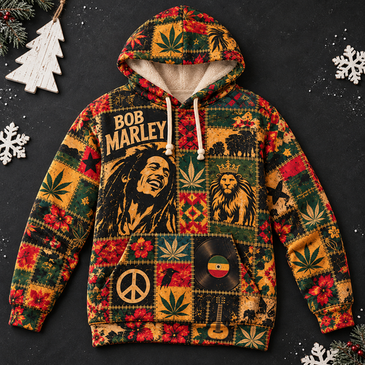 Bob Marley Patchwork Sherpa Hoodie – Vintage Reggae Pullover, Rasta Floral Graphic Hoodie, Soft Fleece, Bob Marley Fan Gift