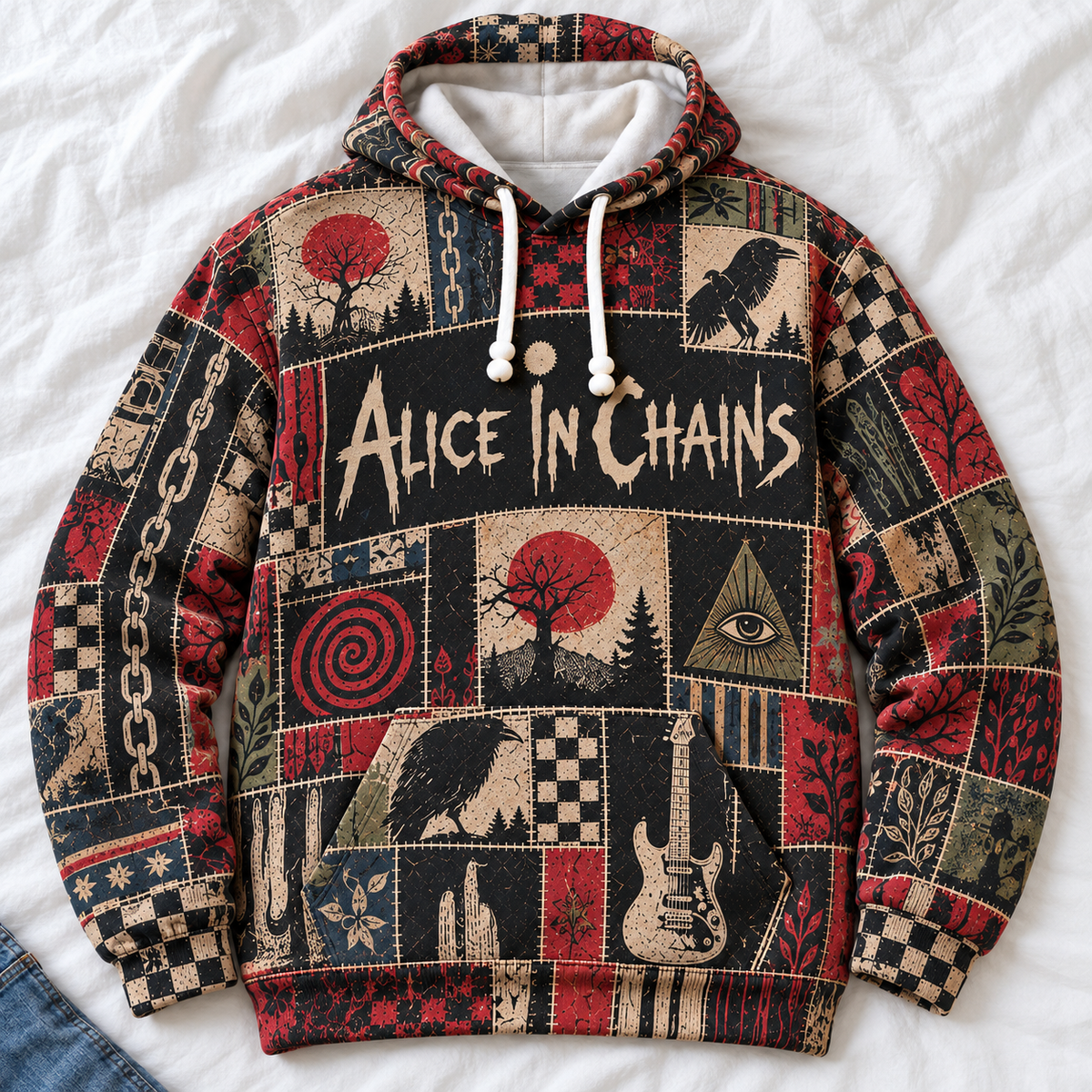 Alice In Chains Patchwork Hoodie – Vintage Grunge Rock Band Graphic Pullover, Retro Alternative Metal Music Fan Gift