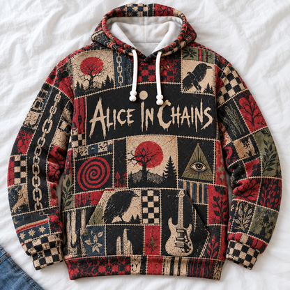 Alice In Chains Patchwork Hoodie – Vintage Grunge Rock Band Graphic Pullover, Retro Alternative Metal Music Fan Gift