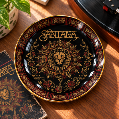 Santana Jewelry Dish – Vintage Black & Gold Lion Ceramic Trinket Tray, Latin Rock Music Ring Holder