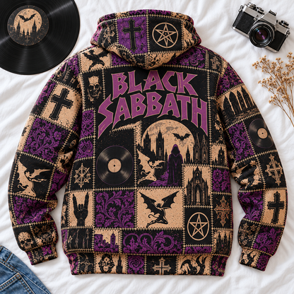 Black Sabbath Patchwork Hoodie – Vintage Heavy Metal Band Graphic Pullover, Purple Gothic Rock Hoodie, Classic Metal Fan Gift