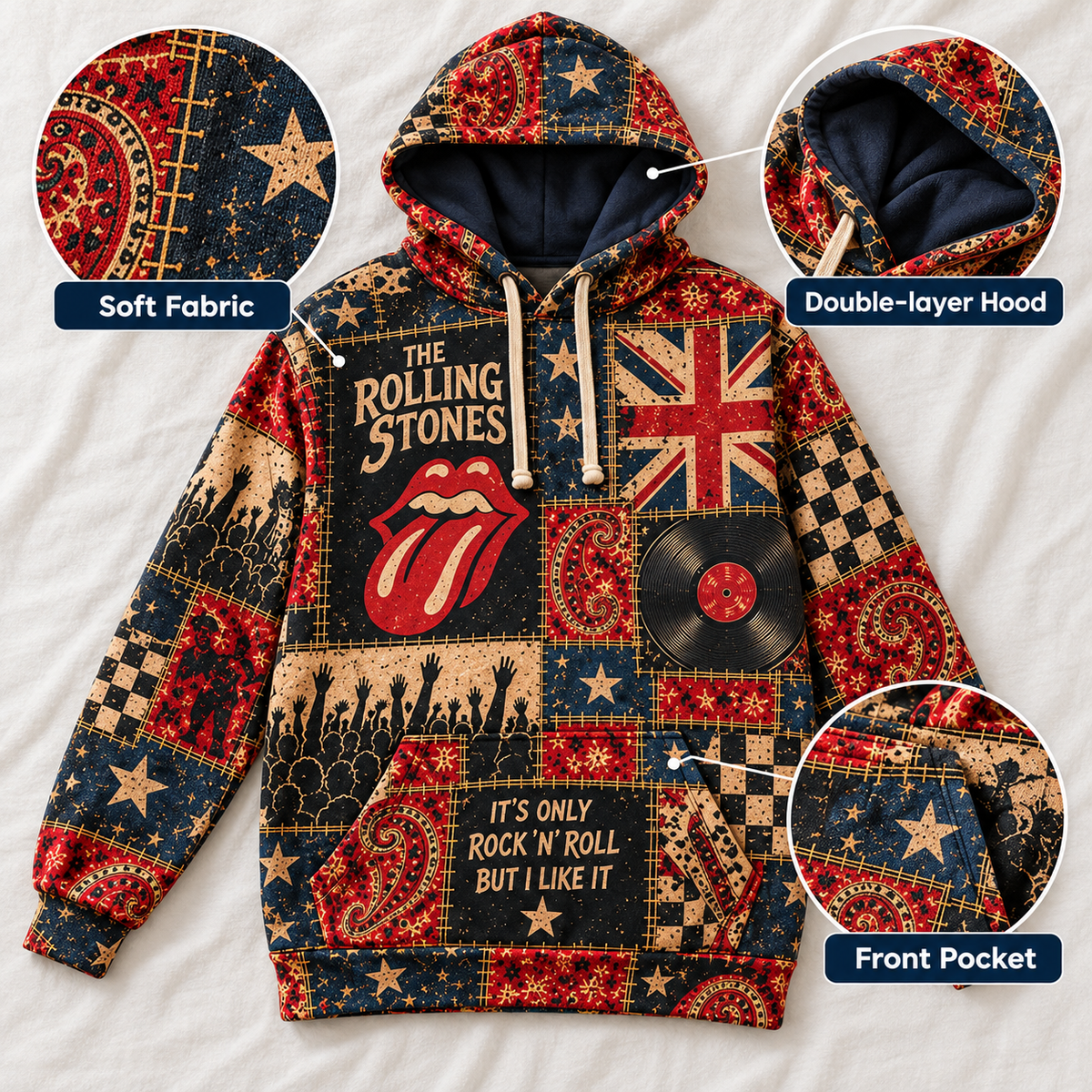 The Rolling Stones Patchwork Hoodie – Vintage Rock Band Graphic Pullover, Tongue Logo & Union Jack Design, Retro Classic Rock Fan Gift