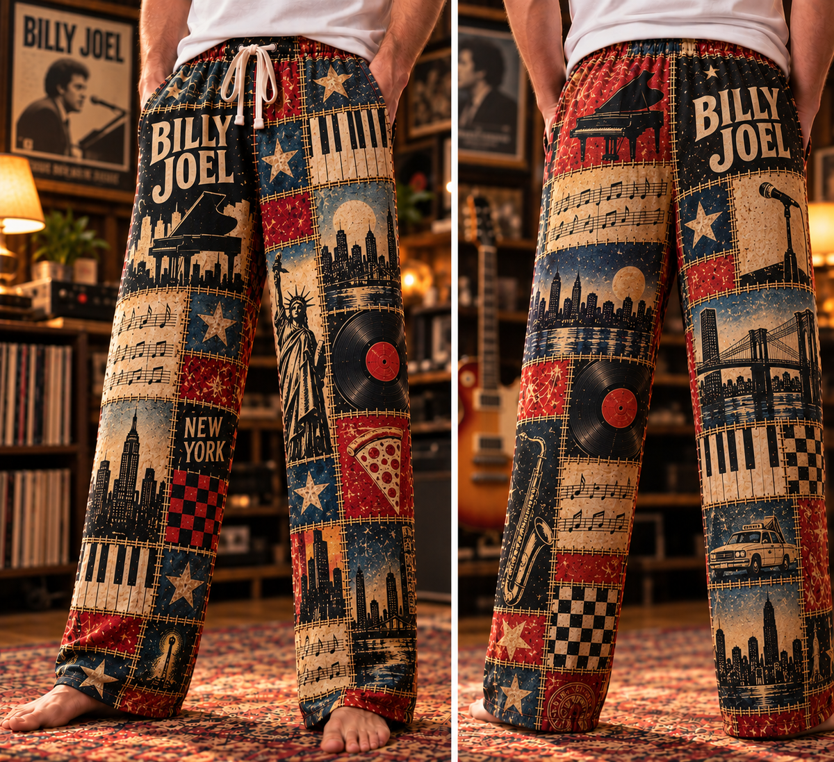 Billy Joel Pajama Pants - Patchwork Piano Man & NYC Art Sleepwear | Comfortable Music Fan Lounge Pants