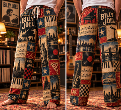 Billy Joel Pajama Pants - Patchwork Piano Man & NYC Art Sleepwear | Comfortable Music Fan Lounge Pants