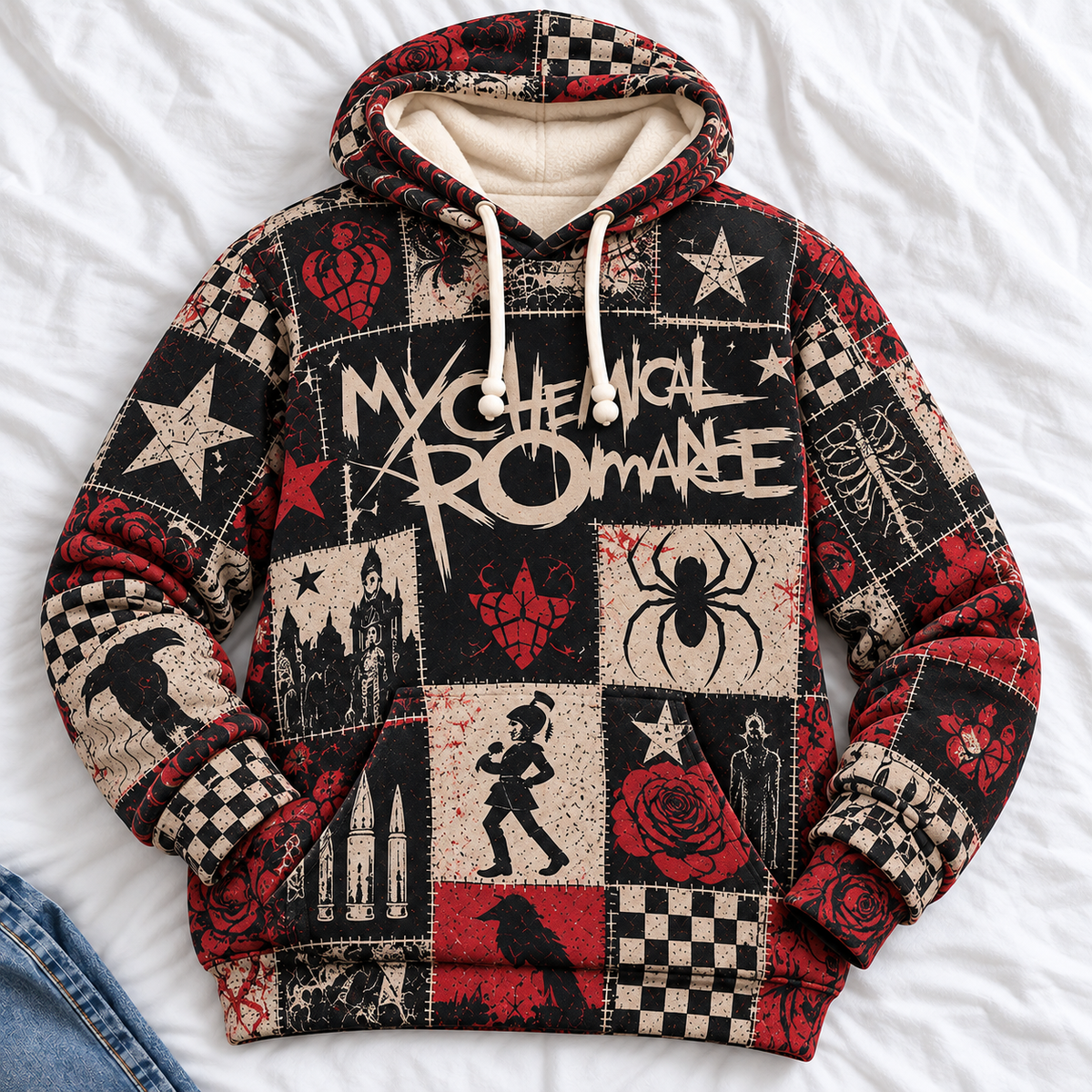 My Chemical Romance Patchwork Hoodie – Vintage Emo Rock Graphic Pullover, The Black Parade Inspired Sweatshirt, MCR Fan Gift, Unisex Alternative Rock Hoodie
