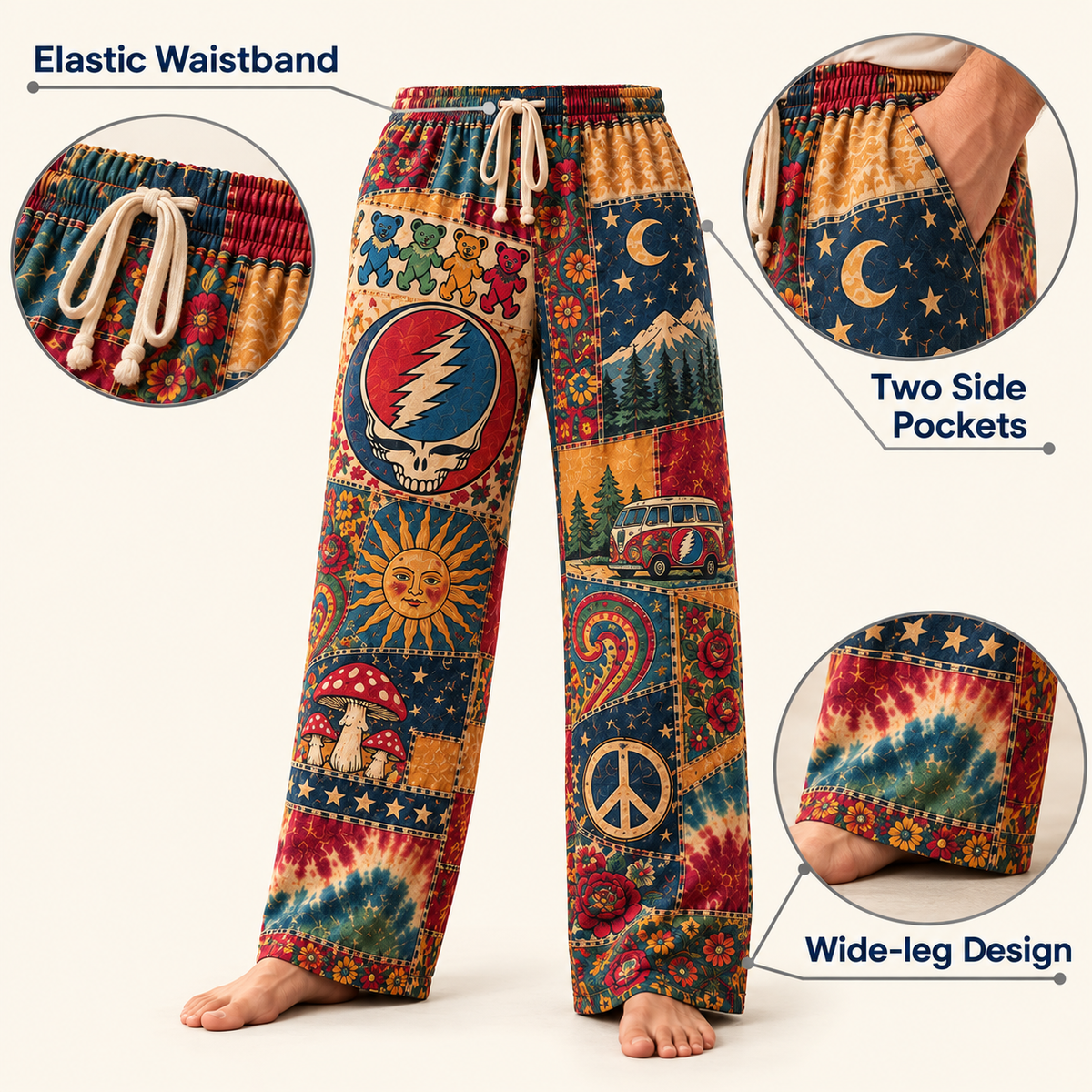 Grateful Dead Rock Band Pajama Pants - Christmas Holiday Lounge Pants, Deadhead Fan Sleepwear & Gift for Men