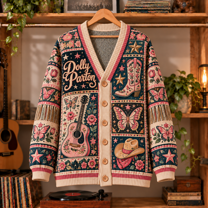 Dolly Parton Knit Cardigan - Official Country Music Merchandise, Vintage Style Long Sleeve Button Down Outerwear Fan Gift
