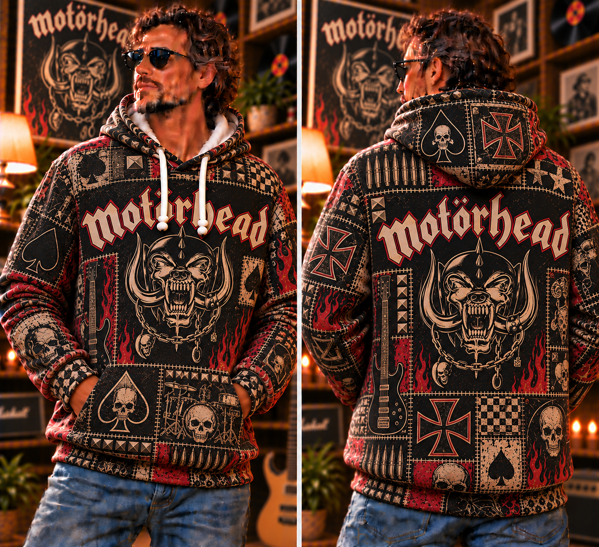 Motörhead Patchwork Hoodie – Vintage Heavy Metal Graphic Pullover, Snaggletooth Skull Sweatshirt, Retro Rock Band Fan Gift, Unisex Biker Hoodie