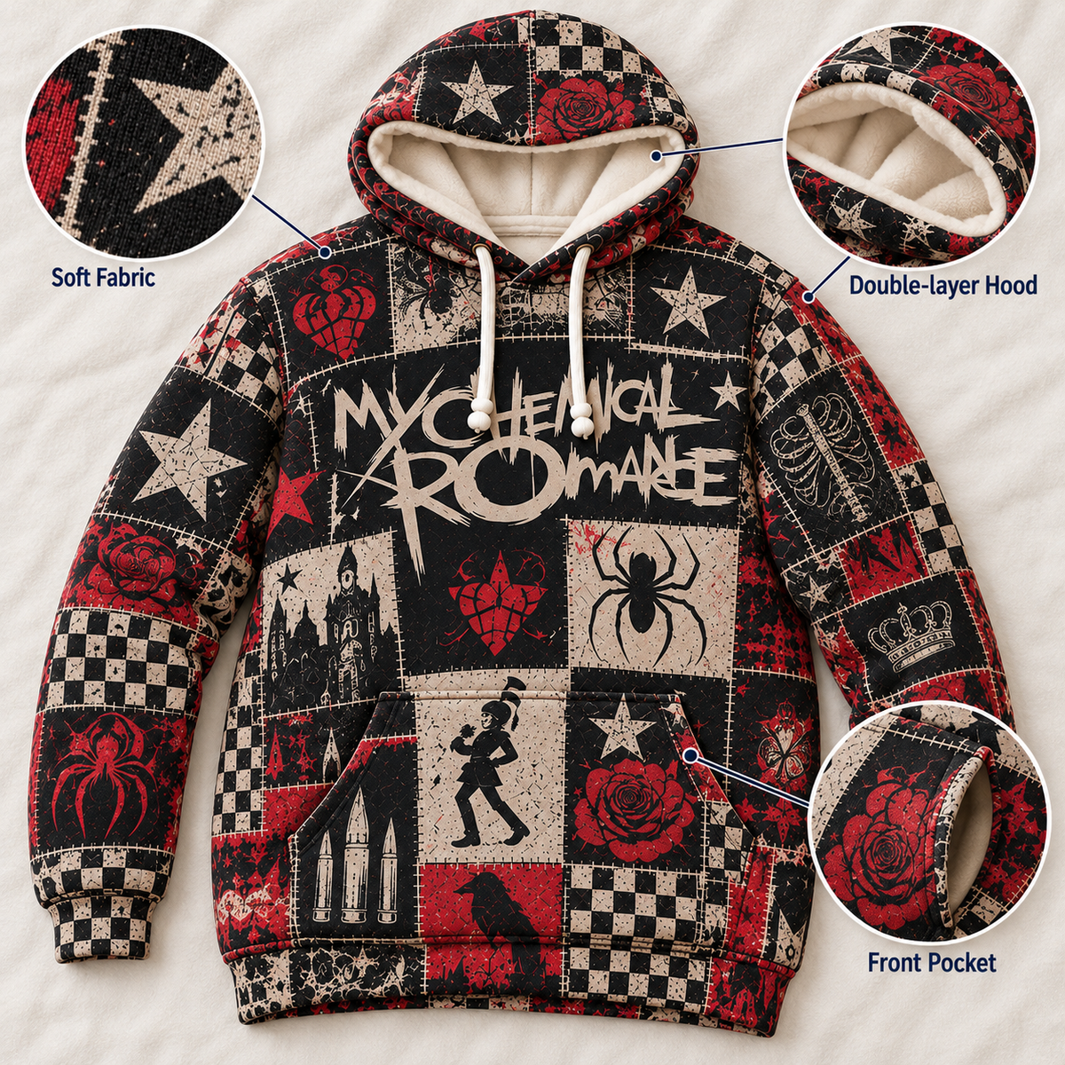 My Chemical Romance Patchwork Hoodie – Vintage Emo Rock Graphic Pullover, The Black Parade Inspired Sweatshirt, MCR Fan Gift, Unisex Alternative Rock Hoodie