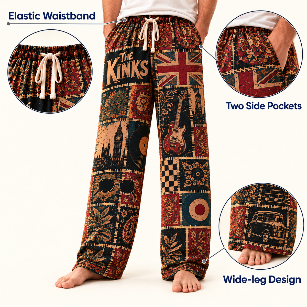 The Kinks Patchwork Pajama Pants - Vintage British Invasion Rock Art & Union Jack Flag Lounge Pants with Elastic Waistband, Adjustable Drawstring & Two Side Pockets