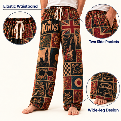 The Kinks Patchwork Pajama Pants - Vintage British Invasion Rock Art & Union Jack Flag Lounge Pants with Elastic Waistband, Adjustable Drawstring & Two Side Pockets