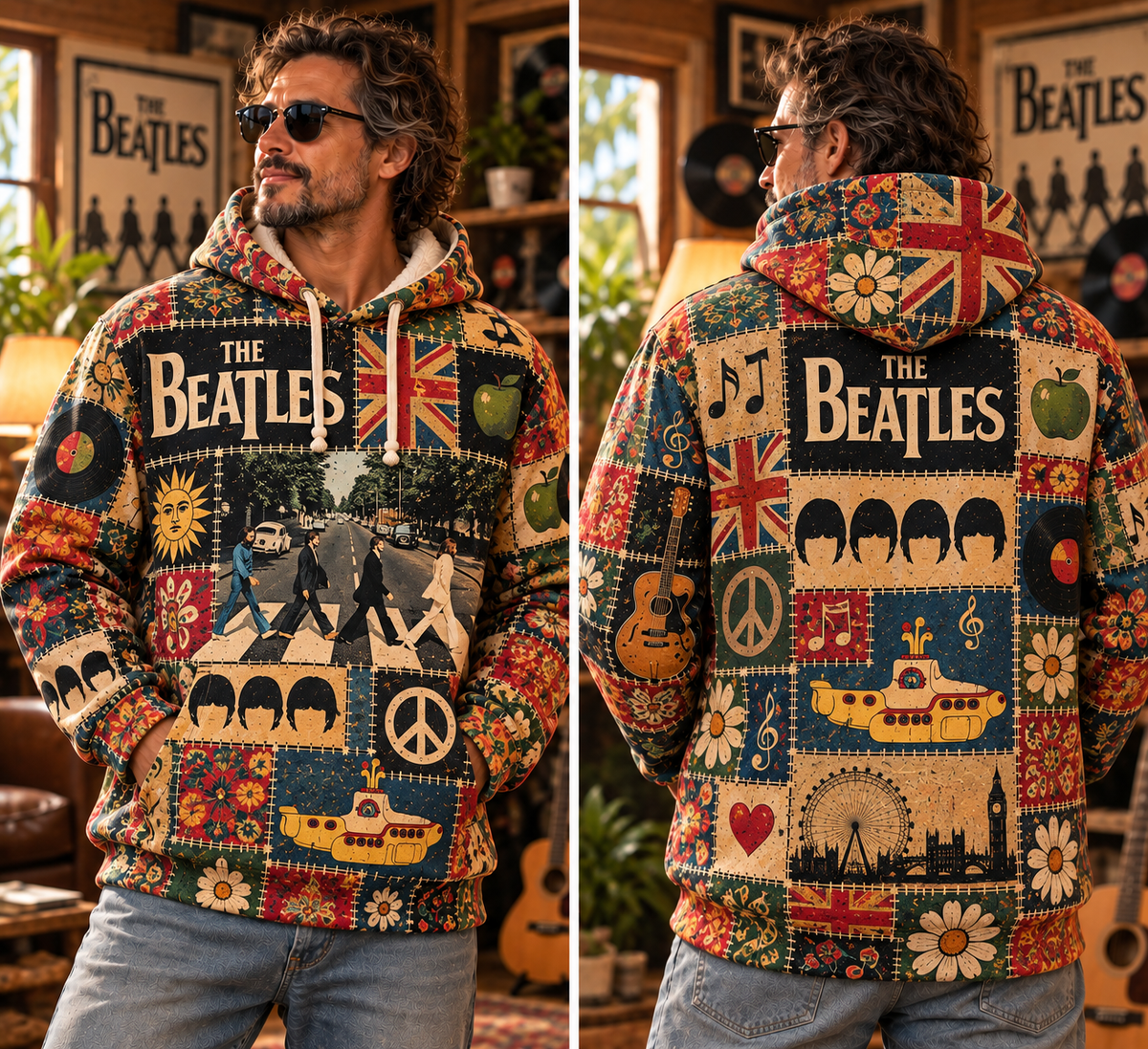 The Beatles Patchwork Hoodie – Vintage 60s Psychedelic Rock Graphic Pullover, Abbey Road & Yellow Submarine Design, Retro Floral Beatles Sweatshirt