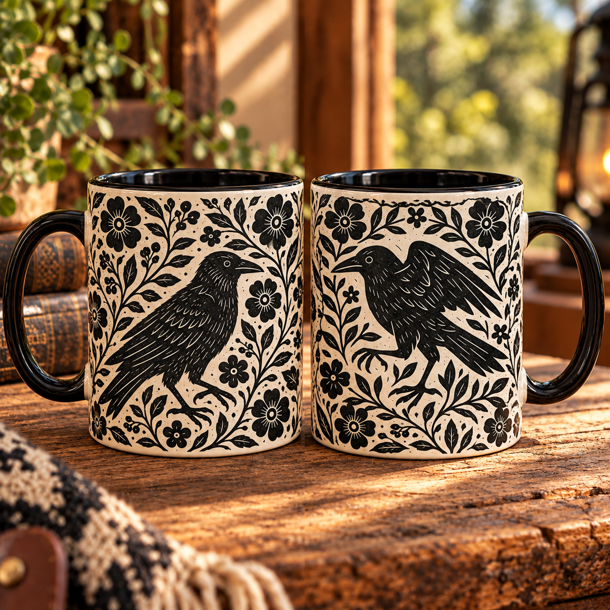 Linocut Raven Ceramic Coffee Mug | Vintage Black Crow Floral Cup, Gothic Raven Coffee Cup