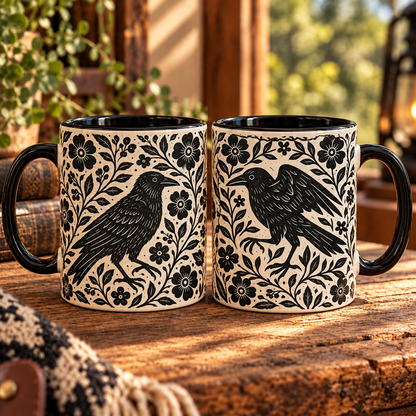 Linocut Raven Ceramic Coffee Mug | Vintage Black Crow Floral Cup, Gothic Raven Coffee Cup