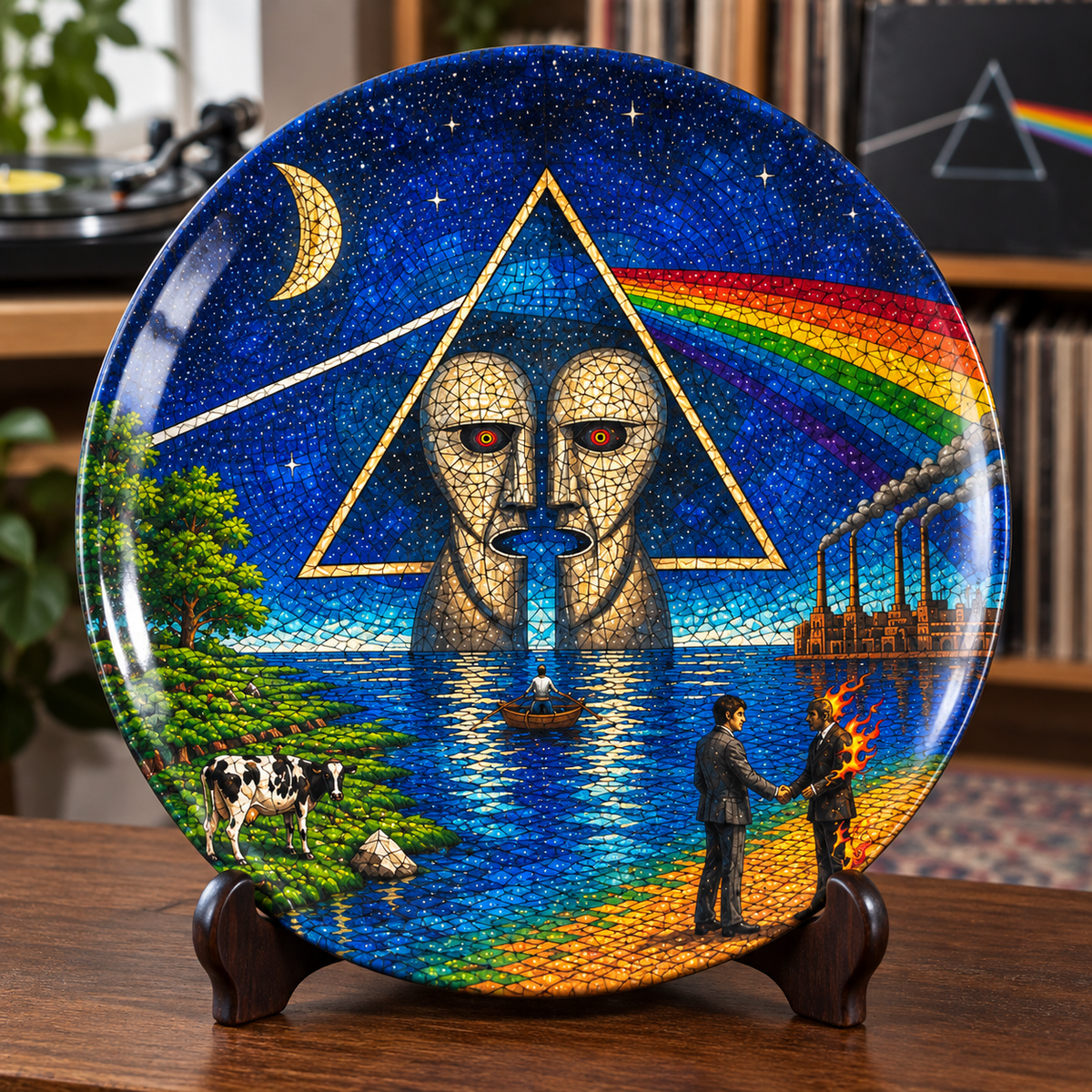 Pink Floyd Stained Mosaic Ceramic Plate - Decorative Wall & Table Display Dish, Dark Side Division Bell Rock Fan Gift
