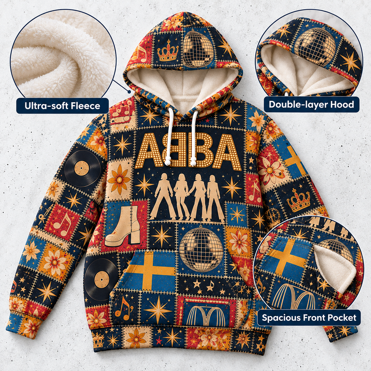 ABBA Patchwork Hoodie – Vintage 70s Disco Band Graphic Pullover, Dancing Queen Inspired Hoodie, Retro ABBA Fan Gift
