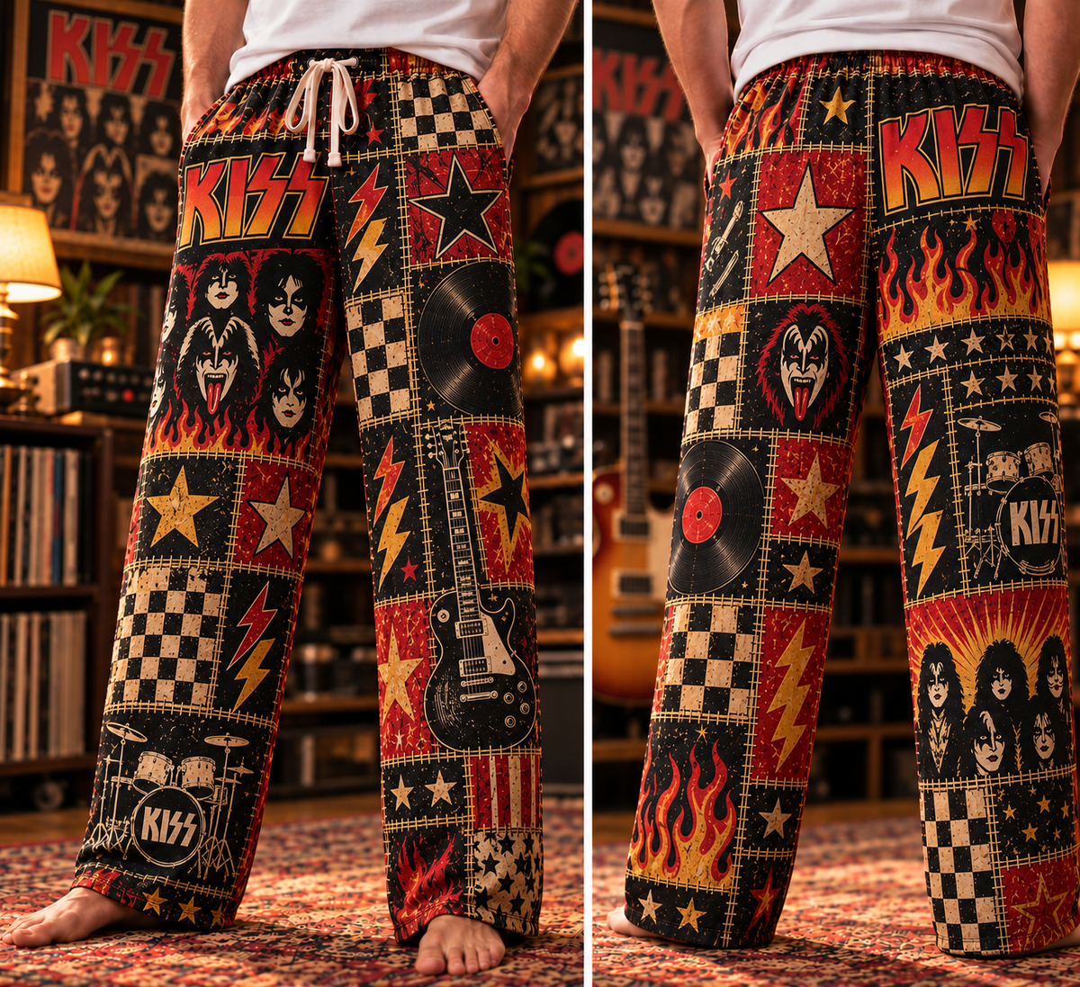 Kiss Pajama Pants -Patchwork Classic Rock & Makeup Sleepwear | Comfortable Music Fan Lounge Pants