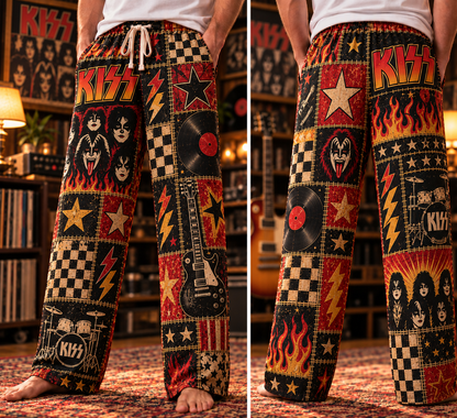Kiss Pajama Pants -Patchwork Classic Rock & Makeup Sleepwear | Comfortable Music Fan Lounge Pants