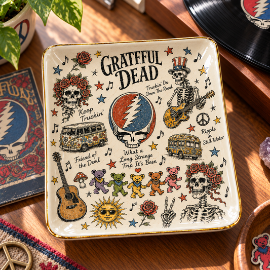 Grateful Dead Sketch Art Jewelry Dish - Ceramic Trinket Tray, Steal Your Face Ring Holder, Retro Rock Band Fan Gift