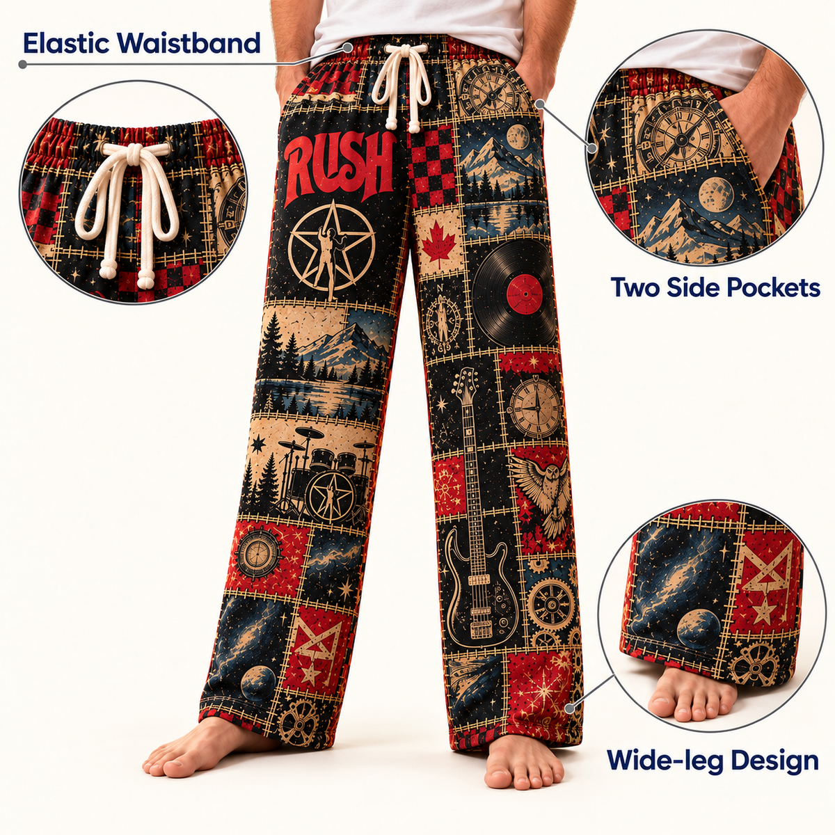 Rush Classic Pajama Pants - Retro Patchwork Canadian Maple Leaf, Bass Guitar & Clockwork Art Sleepwear - Comfortable Pants for Music Fans & Collectors Gift