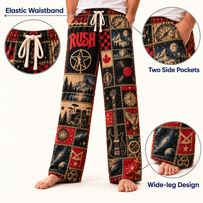 Rush Classic Pajama Pants - Retro Patchwork Canadian Maple Leaf, Bass Guitar & Clockwork Art Sleepwear - Comfortable Pants for Music Fans & Collectors Gift