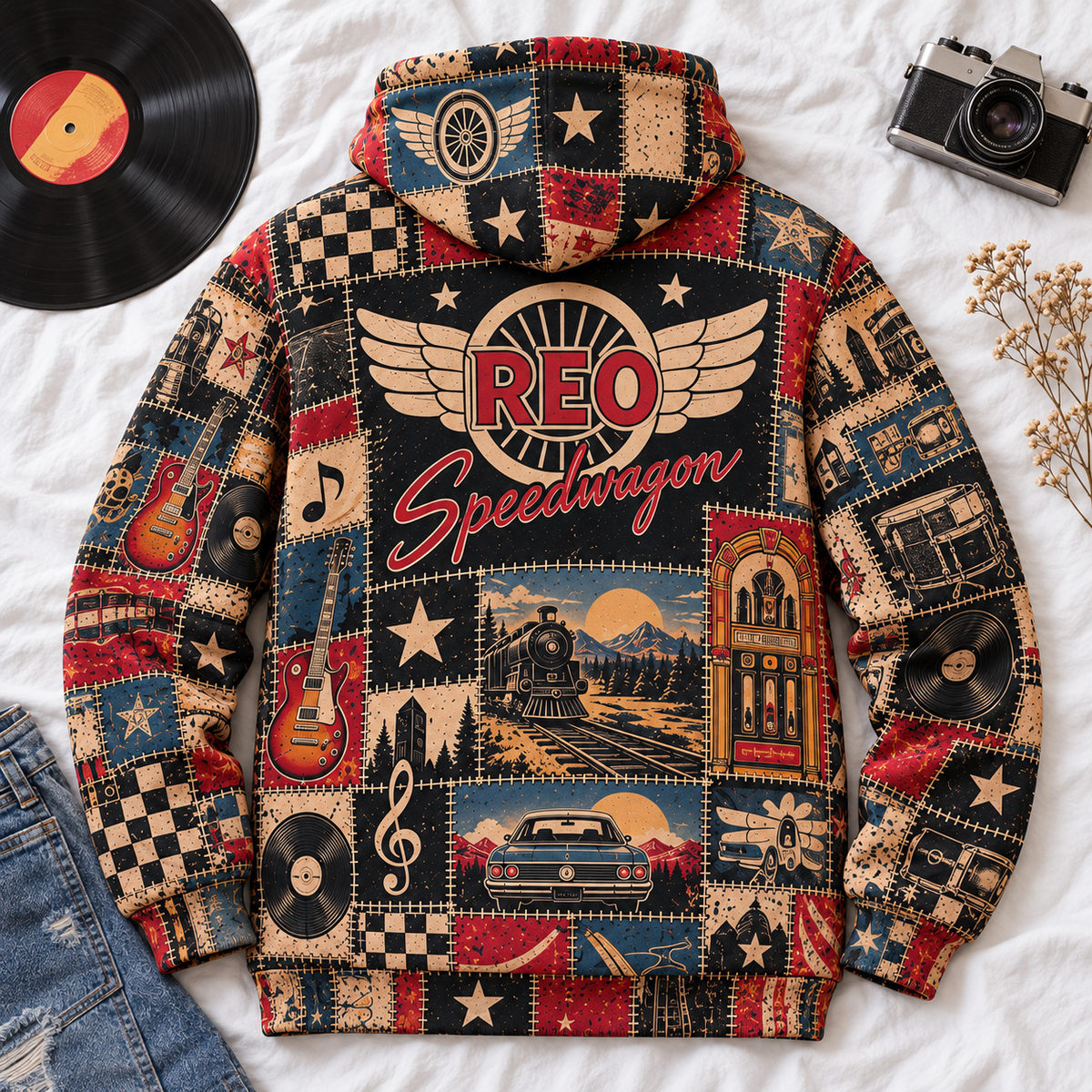 REO Speedwagon Patchwork Hoodie – Vintage Classic Rock Graphic Pullover, Retro 70s 80s Rock Band Sweatshirt, Keep On Loving You Inspired Hoodie