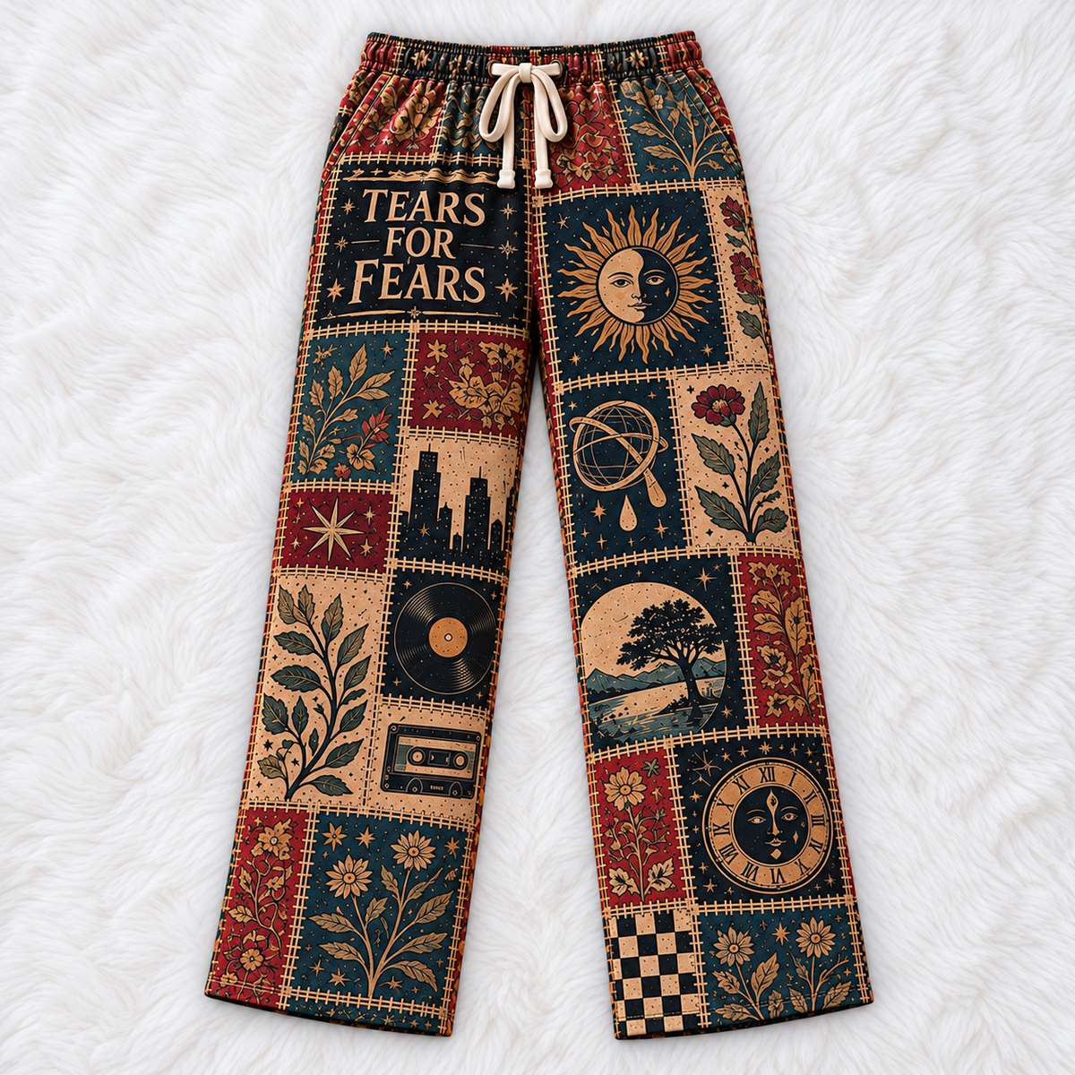 Tears for Fears Classic Pajama Pants - Retro Patchwork Clock Face, Cassette Tape & Vinyl Record Art Sleepwear - Comfortable Pajama Pants for Music Fans