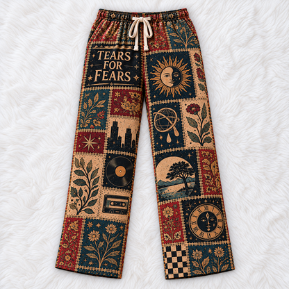 Tears for Fears Classic Pajama Pants - Retro Patchwork Clock Face, Cassette Tape & Vinyl Record Art Sleepwear - Comfortable Pajama Pants for Music Fans