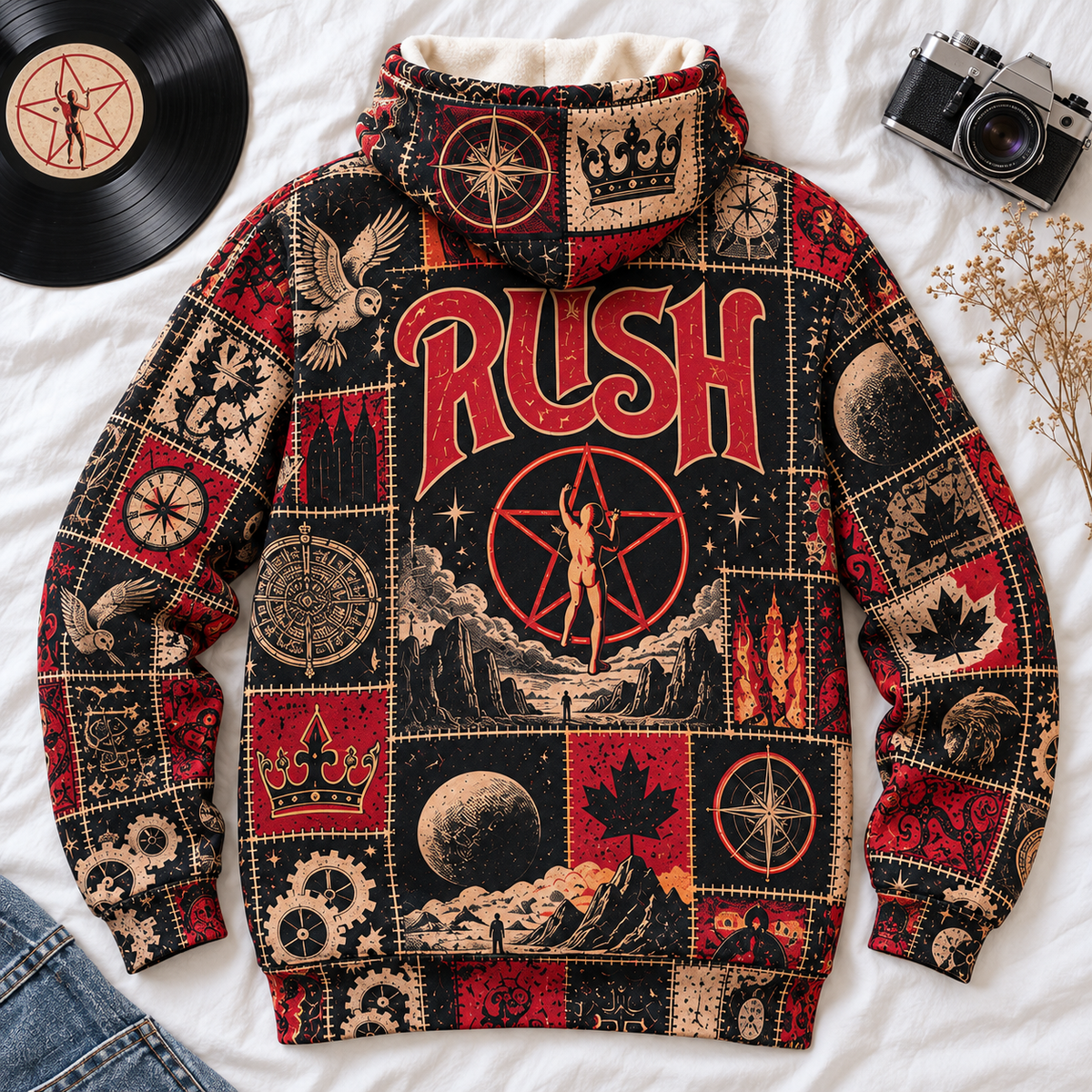 Rush Patchwork Hoodie – Vintage 2112 Starman Graphic Pullover, Retro 70s 80s Progressive Rock Sweatshirt, Classic Rock Band Hoodie