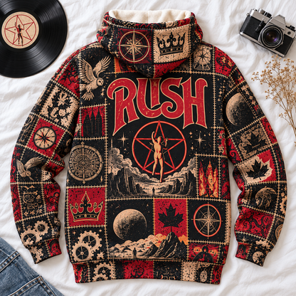 Rush Patchwork Hoodie – Vintage 2112 Starman Graphic Pullover, Retro 70s 80s Progressive Rock Sweatshirt, Classic Rock Band Hoodie