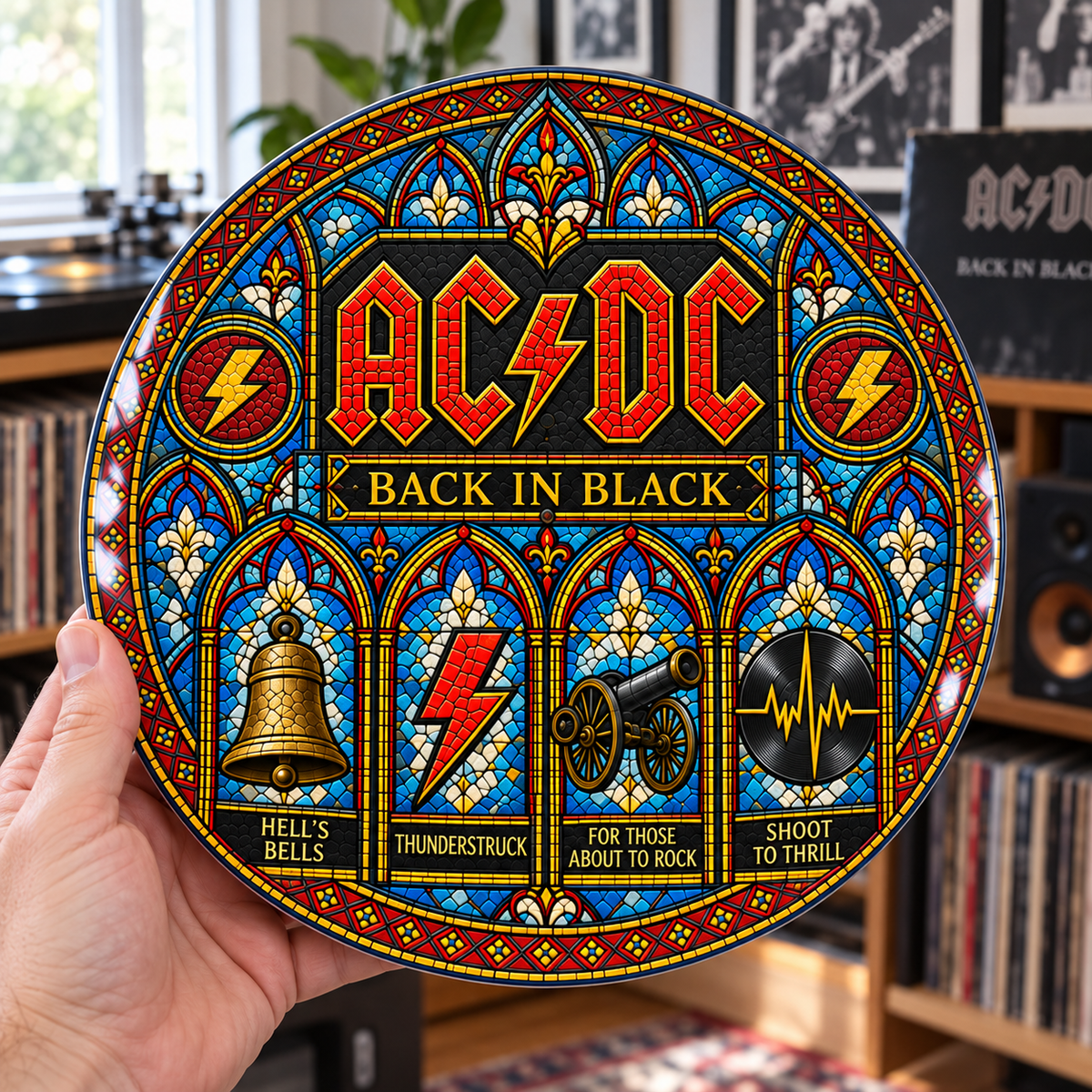 AC/DC Stained Glass Ceramic Plate - Decorative Wall & Table Display Dish, Back in Black Thunderstruck Rock Fan Gift
