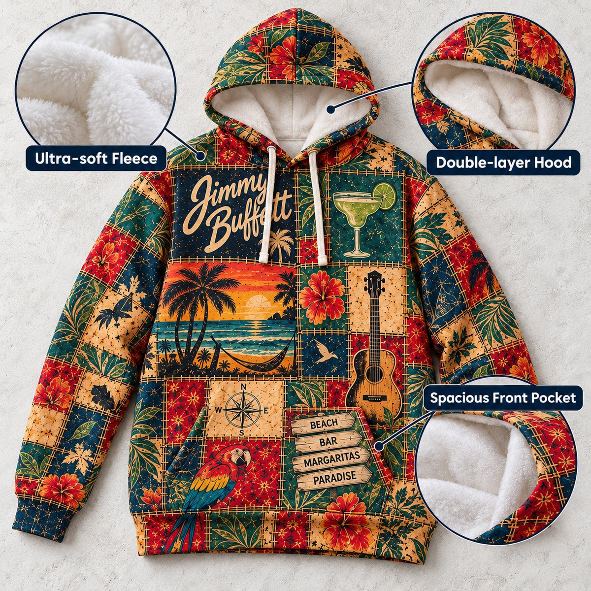 Jimmy Buffett Patchwork Hoodie – Vintage Tropical Beach Graphic Pullover, Margaritaville Paradise Hoodie, Retro Parrothead Fan Gift