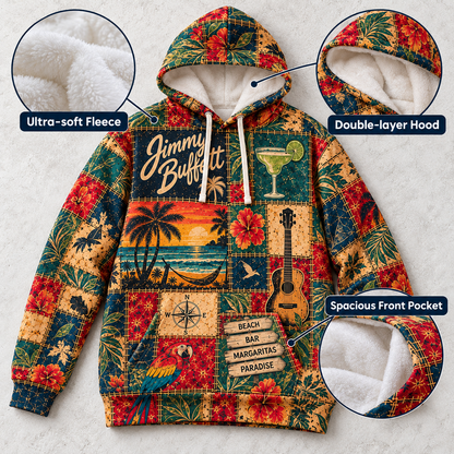 Jimmy Buffett Patchwork Hoodie – Vintage Tropical Beach Graphic Pullover, Margaritaville Paradise Hoodie, Retro Parrothead Fan Gift